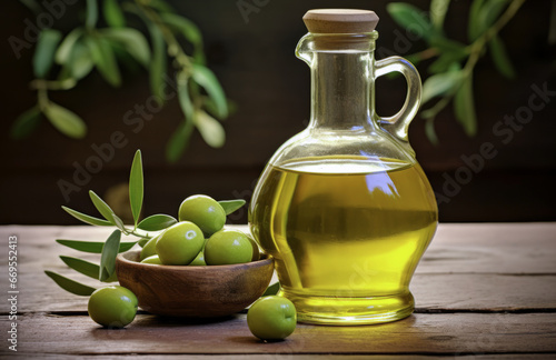 A branch with olives and a bottle of olive oil  highlighted on a white background  Olive oil in a bottle with olives on the table in a rustic style. The concept of the Mediterranean diet. 