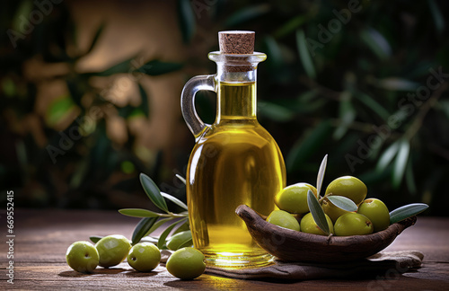 A branch with olives and a bottle of olive oil, highlighted on a white backgroundOlive oil in a bottle with olives on the table in a rustic style. The concept of the Mediterranean diet. 