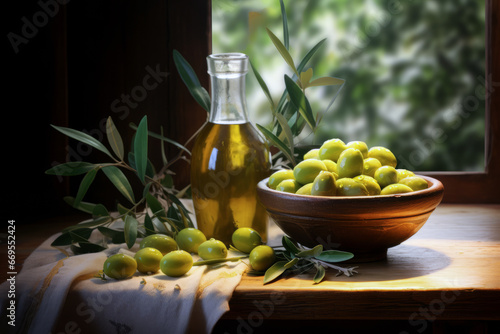 A branch with olives and a bottle of olive oil, highlighted on a white backgroundOlive oil in a bottle with olives on the table in a rustic style. The concept of the Mediterranean diet. 