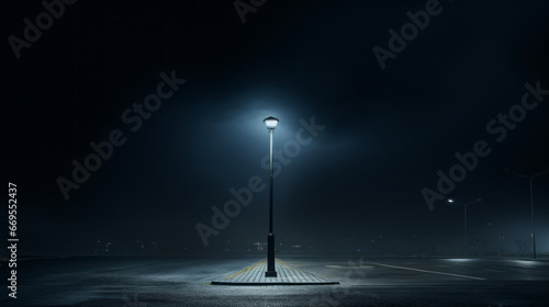 A solitary streetlight pierces through the darkness of the night, illuminating a lone street that stretches into the horizon