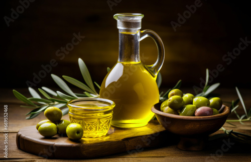 A branch with olives and a bottle of olive oil, highlighted on a dark background, Olive oil in a bottle with olives on a rustic table. The concept of the Mediterranean diet.
