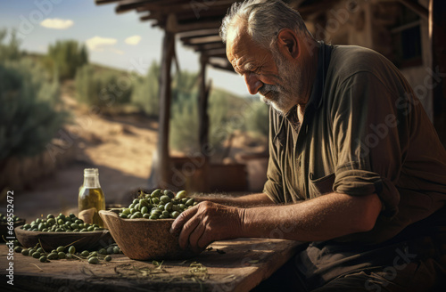 An elderly man picks green olives in an olive grove directly from the tree. Traditional fall harvest in an outdoor garden. Village, rustic style. 