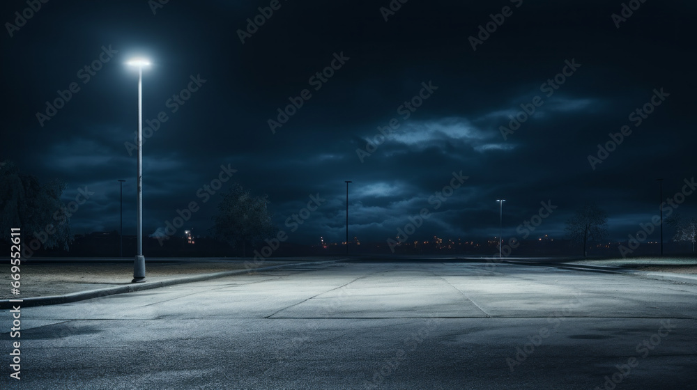 A solitary streetlight pierces through the darkness of the night, illuminating a lone street that stretches into the horizon
