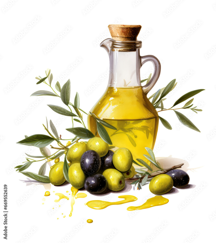 Glass bottle of olive oil with olives. A drop of olive oil in close-up. Isolated on a white background Glass bottle of olive oil with olives. A drop of olive oil in close-up. Isolated on a white background
