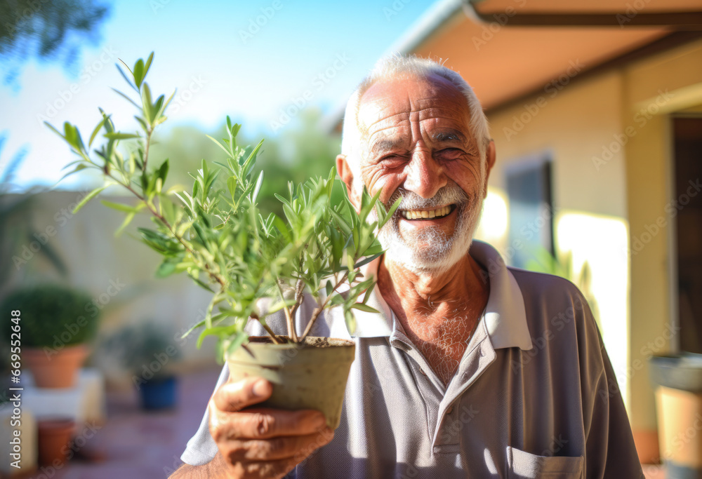 An elderly man holding a pot with an olive tree. Rustic style. Olive oil production. An elderly man holding a pot with an olive tree. Rustic style. Olive oil production.