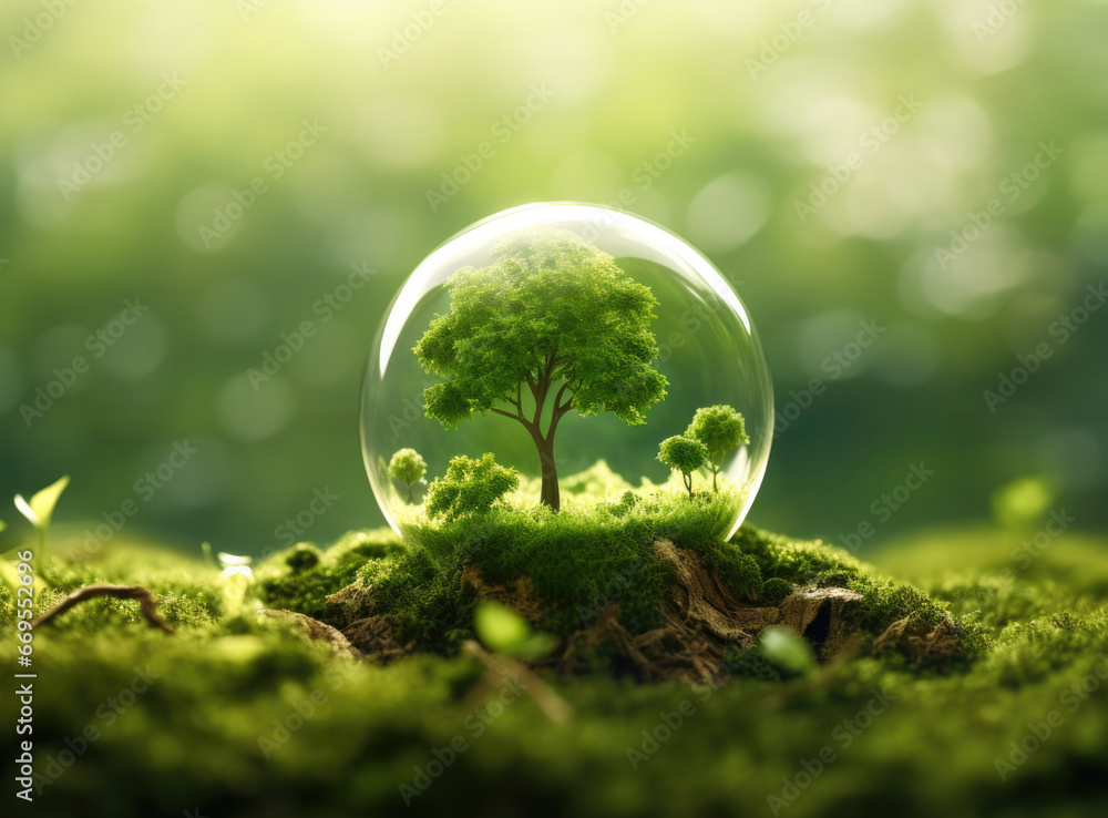 Tree sprouts in a glass dome on a hill with moss against a leafy, environmental concept Tree sprouts in a glass dome on a hill with moss against a leafy, environmental concept