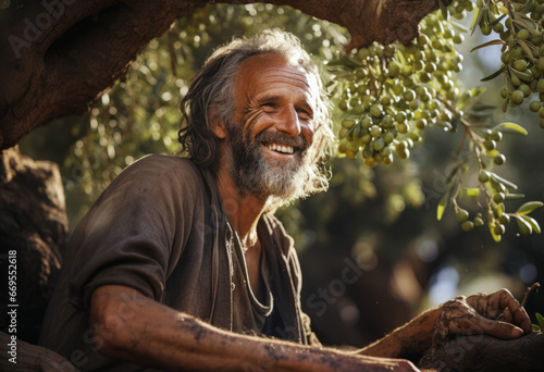 An elderly man picks green olives in an olive grove directly from the tree. Traditional fall harvest in an outdoor garden. Village, rustic style. 