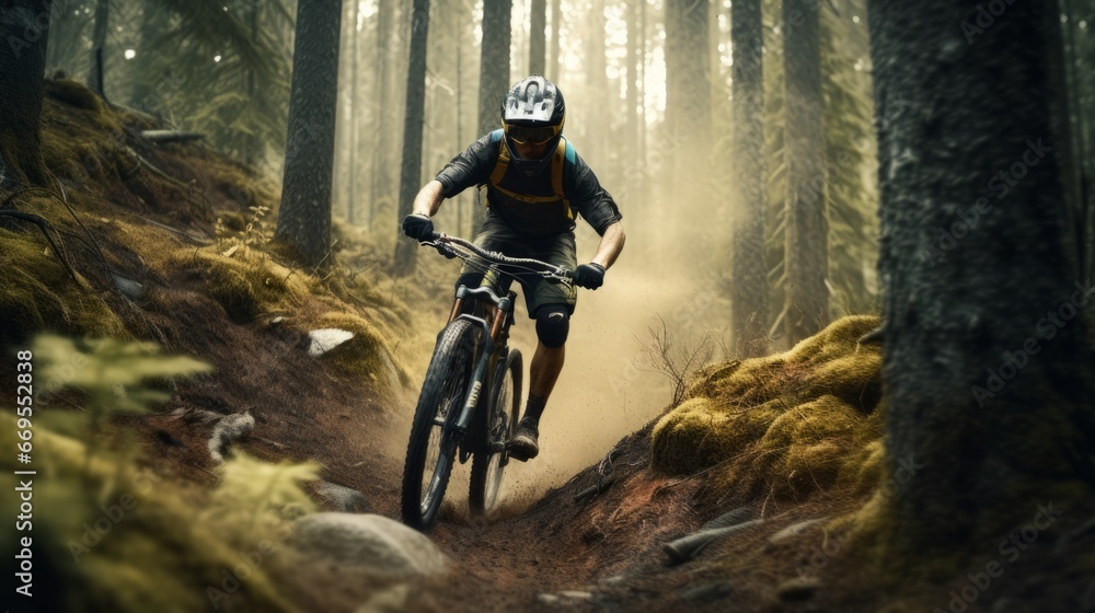 Mountain Biker Descending Technical Trail with Adrenaline and Skill