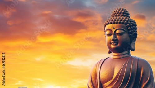 Indian Buddha statue against the azure sky, panorama