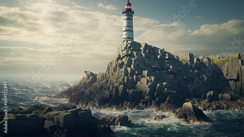 A solitary lighthouse stands atop a rocky outcropping, the beacon of light warning ships of the treacherous cliffs below photo