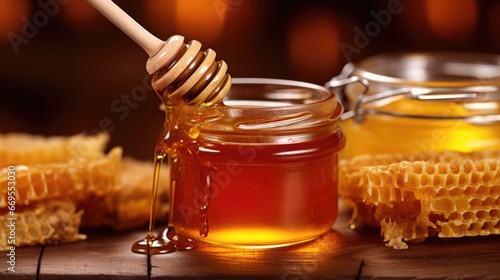 Honey comb and a jar of honey. A useful fortified bee product for health and beauty. Vegetarian dietary organic product. Beautiful still life.