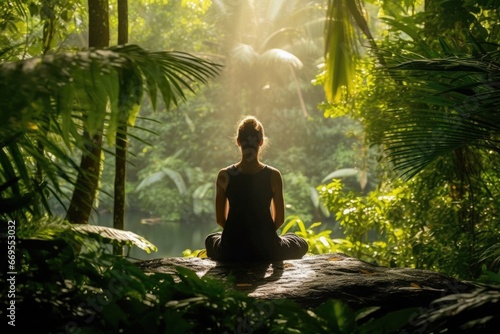 A woman does yoga in the rainforest with a lake in the background