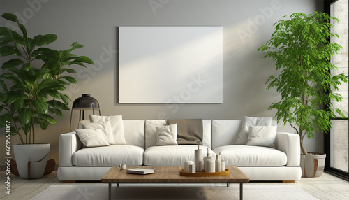 Fototapeta Naklejka Na Ścianę i Meble -  Modern living room Mockup poster frame on the wall, a stylish sofa in Scandinavian Livingroom, 3d rendering, 3d illustration copy space. Stylish interior design
