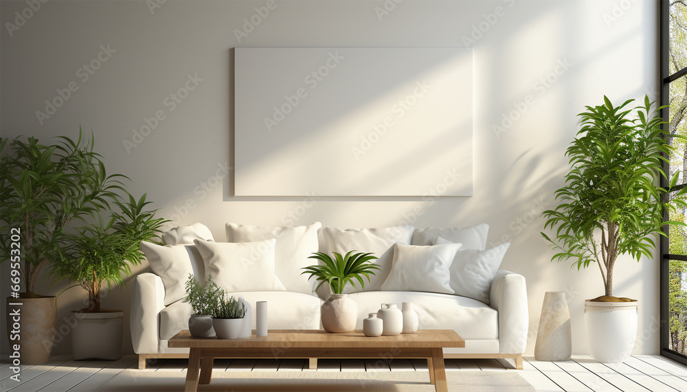 Obraz premium Modern living room Mockup poster frame on the wall, a stylish sofa in Scandinavian Livingroom, 3d rendering, 3d illustration copy space. Stylish interior design