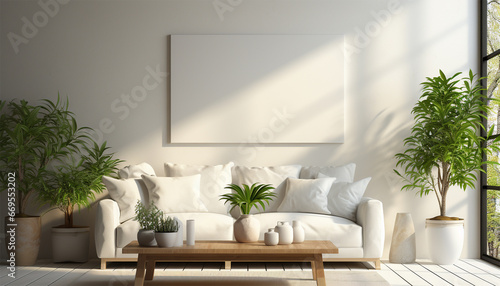 Modern living room Mockup poster frame on the wall  a stylish sofa in Scandinavian Livingroom  3d rendering  3d illustration copy space. Stylish interior design