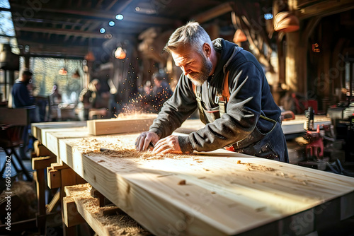 Gray-haired and bearded carpenter doing sawing work on a thick wooden board in his carpentry workshop