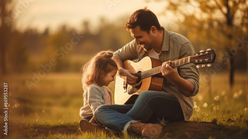 A father plays guitar for his young daughter against the backdrop of nature