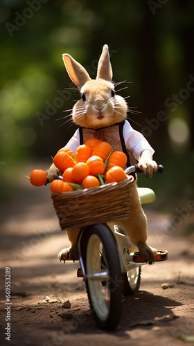 A rabbit and a carrot basket on a bicycle photo