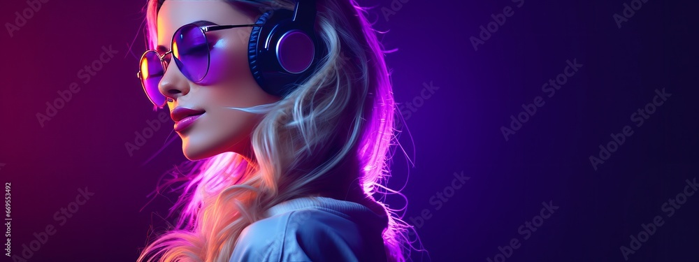 Young hipster girl, a fashionable model adorned with stylish glasses and headphones, joyfully listens to a new cool music mix. standing in front of a purple studio background. Banner