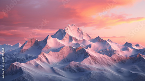 A snow-capped mountain peaks, the sky above it filled with hues of pink and orange