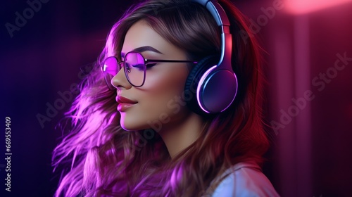 Young hipster girl, a fashionable model adorned with stylish glasses and headphones, joyfully listens to a new cool music mix. standing in front of a purple studio background.