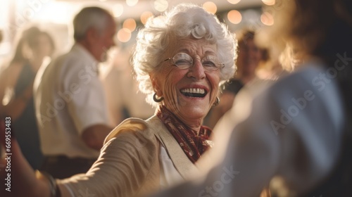 Senior Lady Dancing with Grace and Vitality at a Swing Dance Party photo