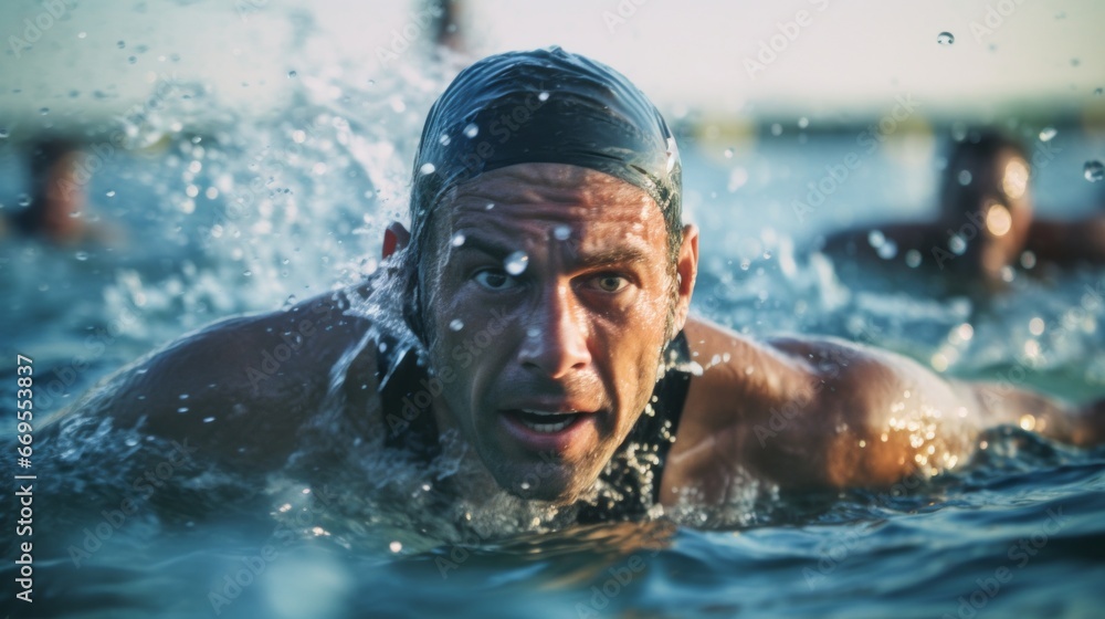 Triathlete Emerging from Water in Ironman Competition