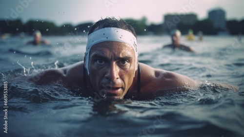 Triathlete Emerging from Water in Ironman Competition