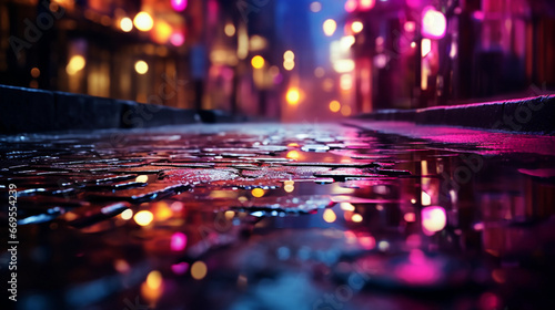 close up of a reflective city street with buildings and neon lights