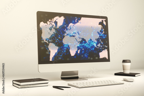 Modern computer screen with abstract creative digital world map, research and analytics concept. 3D Rendering