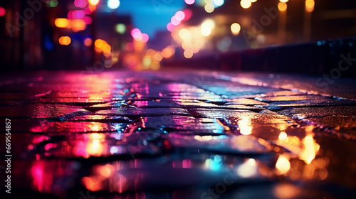 close up of a reflective city street with buildings and neon lights