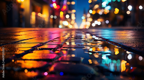 close up of a reflective city street with buildings and neon lights