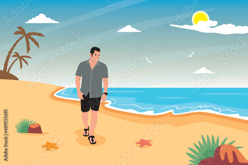 Man walking on the beach. Summertime. Vector illustration in flat style