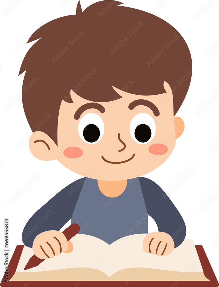 The happy boy is relaxing and enjoying reading books to study and gain knowledge.