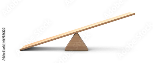 Wooden Seesaw 3d with leaning to the ground on transparent background. balancing on seesaw 3d render. 3d illustration photo