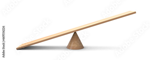 Wooden Seesaw 3d with leaning to the ground on transparent background. Leaning  on seesaw 3d render. 3d illustration photo