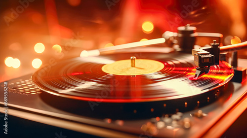 Turntable playing vinyl record with bokeh lights on background