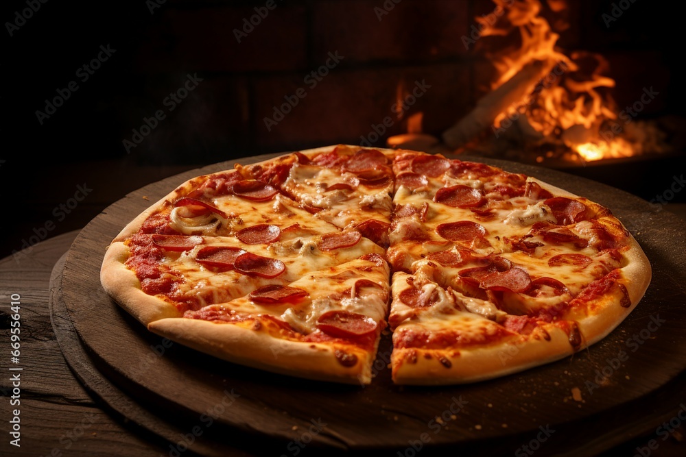 freshly sliced pizza, smoke, and a wooden table in a high-angle shot with bokeh background, Generative AI
