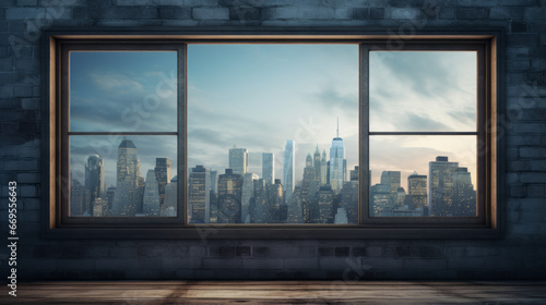 A slate window  with a view of the city skyline