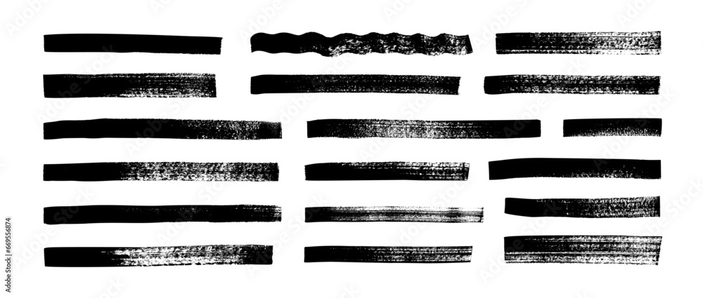 Black highlighter bold horizontal lines set. Brush drawn vector stripes with dry brush texture. - obrazy, fototapety, plakaty 