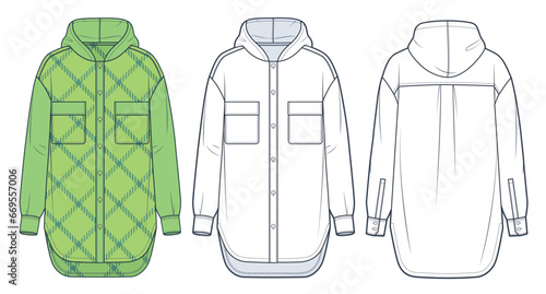 Hooded classic Shirt technical fashion Illustration, plaid design. Button down Shirt fashion flat technical drawing template, relaxed fit, front, back view, white, green, women, men, unisex CAD mockup