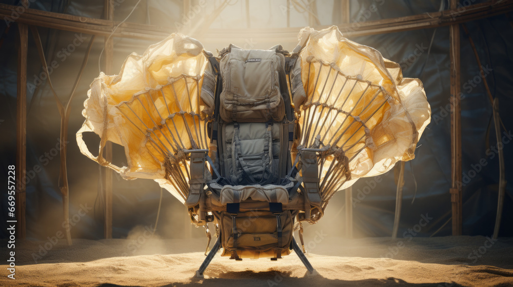 A skydiving parachute, draped over a wooden chair