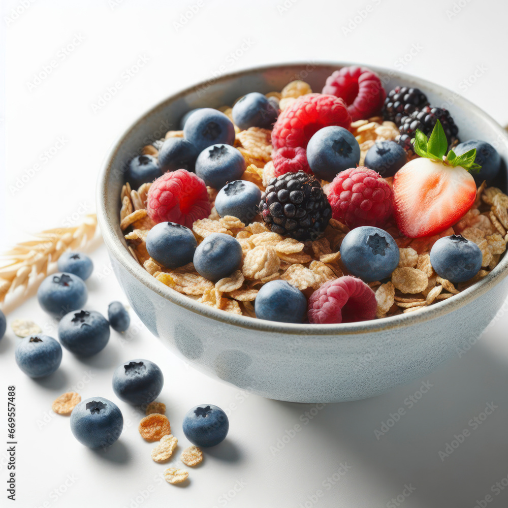 Food photography breakfast - muesli bowl with berry fruits and cereal isolated on white background. ai generative Food photography breakfast - muesli bowl with berry fruits and cereal isolated on white background. ai generative