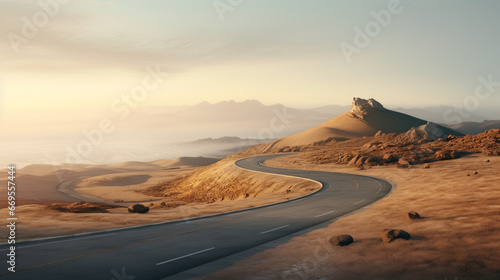A single, winding road leading up to a hilltop, with a view of the distant horizon