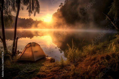 Stunning lakeside campsite at sunrise  mist rising from water s surface. Generative AI