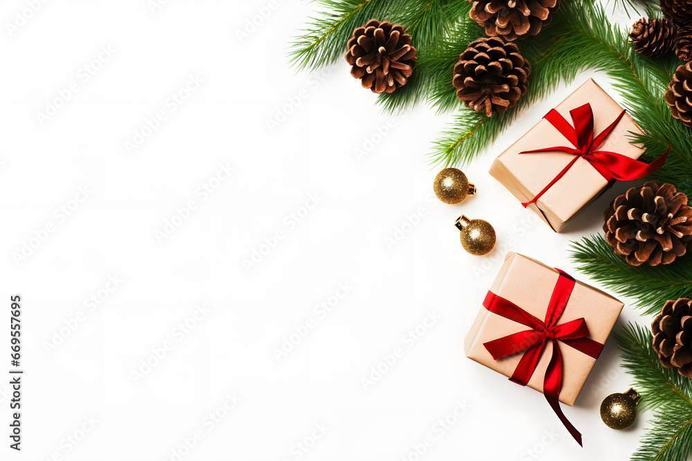 Christmas decoration with gift boxes, fir cones and branches and tree baubles on white background with negative space
