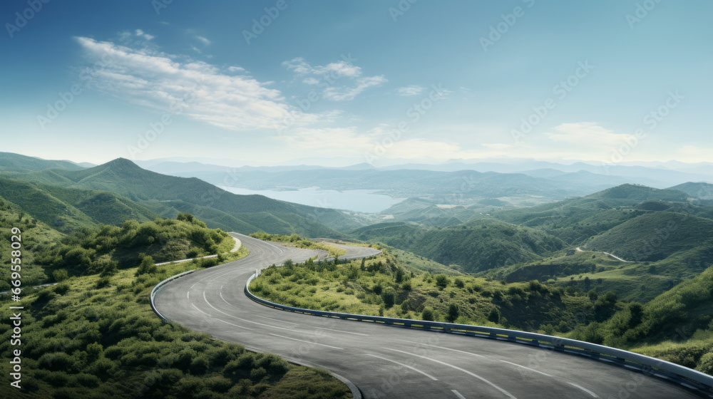 A single, winding road leading up to a hilltop, with a view of the distant horizon A single, winding road leading up to a hilltop, with a view of the distant horizon