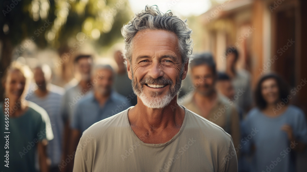 Portrait of happy smiling mature men celebrating life outside