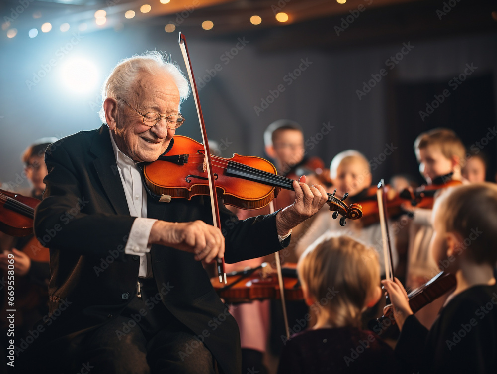 Fototapeta premium A Photo of an Elderly Man Playing the Violin with Young Musicians in an Orchestra