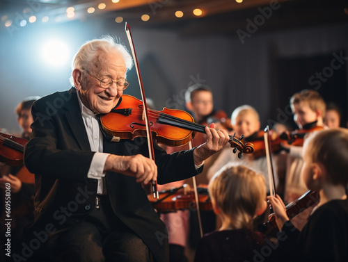 A Photo of an Elderly Man Playing the Violin with Young Musicians in an Orchestra
